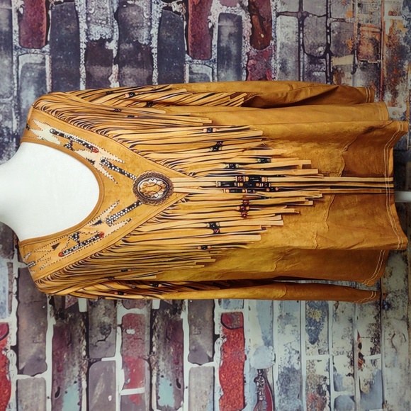 Printed Fringe Long Sleeve Top - Tan - Picture 1 of 8